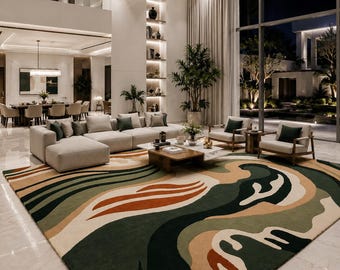 Abstract Green Beige Hand Tufted Wool Rug, Modern Luxury Area Rug, Custom Living Room Carpet, Contemporary Floor Decor custom size available