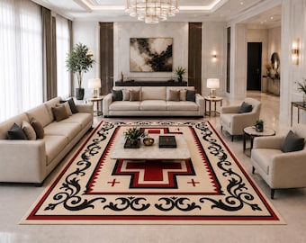 Hand Tufted Wool Rug Luxury Baroque Cream Red Black Geometric Area Carpet Large Aesthetic Living Room Rug Custom Floor Decor 9x12 Ft