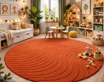 Round Burnt Orange Area Rug, Hand-Tufted Modern Wavy 6x6 ft Circle Carpet, 70s Mid Century Retro Groovy Kids Rug for Playroom Nursery