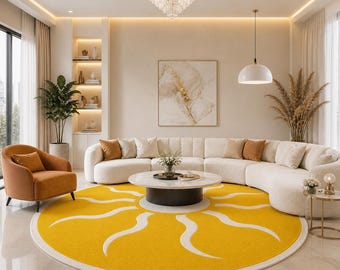 Hand Tufted Sunburst Round Rug Modern Mustard Yellow Wool Carpet 8x10 ft Circular Area Rug Large Luxury Living Room Decor Aesthetic Soft Rug