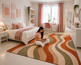 Modern Wavy Tufted Rug, Handmade Area Rug, Abstract Boho Carpet, Girls Bedroom Rug, Luxury Living Room Decor