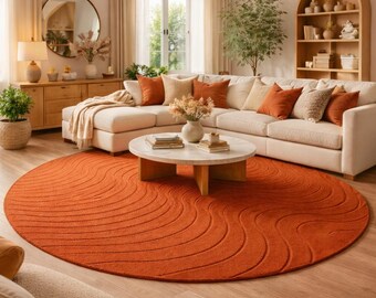 Burnt Orange Hand Tufted Rug, Round Wool Area Rug, Modern Luxury Carpet, Custom Handmade Rug, Living Room Bedroom Scandinavian Decor