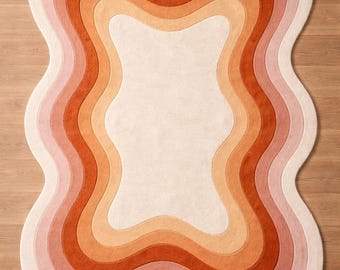 Retro Wavy Rug, Hand-Tufted Wool Area Carpet, Groovy Mid Century Modern Abstract Rug for Living Room, Cute Aesthetic Swirl Accent Rug 8x10