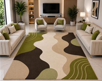 Hand-Tufted Wool Rug Mid Century Modern Abstract Wavy Carpet Sage Green Cream Dark Brown Area Rug For Living Room Bedroom Premium 8x10 ft