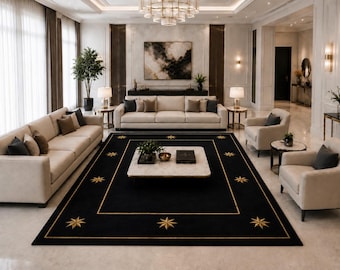 Hand-Tufted Luxury Black Gold Rug, Modern Starry Border Woolen Carpet, Aesthetic Art Deco Large Area Rug for Living Room Bedroom, 9x12 ft