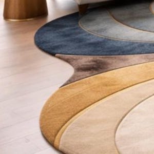 May include: A colorful, abstract area rug with a unique, flowing design. The rug features curved bands of color, including shades of blue, brown, beige, and gold. The rug's shape is irregular, adding to its artistic appeal. The rug is placed on a light-colored wooden floor.