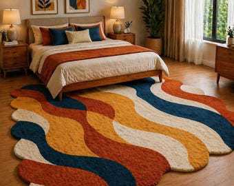 Abstract Wavy Tufted Rug, Modern Colorful Area Rug, Hand Tufted Carpet, Unique Irregular Shape Rug, Bedroom Living Room Decor