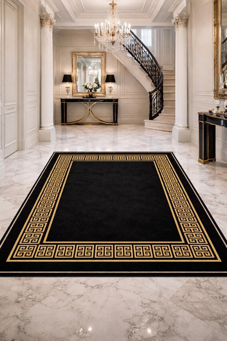 Greek Key Gold Rug Black Gold Rug, Hand Tufted New Zealand Wool Area Rug, Greek Key ...