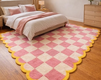 HandTufted Wool Rug Checkerboard Scalloped Edge Carpet Pink Cream Aesthetic Area Rug Wavy Border Cute Bedroom Playroom Nursery Decor 8x10 Ft
