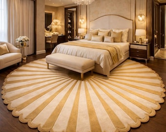 Luxury Sunburst Round Rug, Hand Tufted Wool Rug, Scalloped Edge Area Rug, Modern Beige Gold Carpet, Bedroom Living Room Handmade Rug