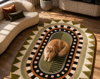 Modern Oval Hand Tufted Rug, Scandinavian Geometric Wool Carpet, Boho Area Rug for Living Room Bedroom Nursery Decor custom size available