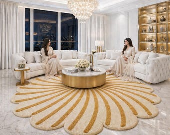 Hand Tufted Sunburst Rug, Premium Wool Carpet for Living Room, Bedroom & Office Décor, Modern Round Floral Rug custom size available