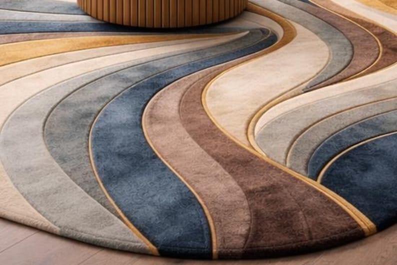 May include: A round area rug with a flowing, wave-like design. The rug features a palette of neutral colors, including beige, gray, brown, and blue, with gold accents. The rug's design creates a sense of movement and adds a touch of elegance to any room.