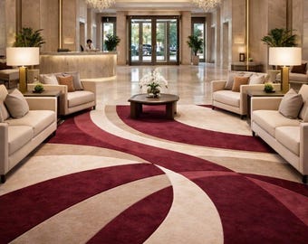 Luxury Hand Tufted Rug, Modern Abstract Red Beige Carpet, Handmade Area Rug, Hotel Lobby Rug, Custom Size Designer Floor Rug