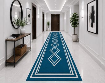 Modern Blue Hallway Runner Rug, Geometric Diamond Runner Carpet, Long Corridor Rug, Minimalist Entryway Rug Decor