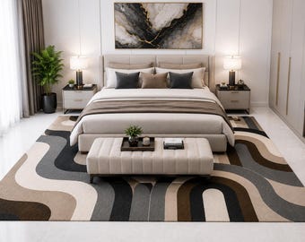 Hand-Tufted Wool Rug, Modern Abstract Wavy Carpet, Brown Taupe Geometric Floor Mat
