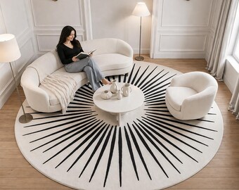 Large Round Rug 8x10 ft Hand-Tufted Wool Carpet Modern Sunburst Black and White Area Rug Minimalist Radial Design Luxury Living Room Decor