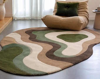 Retro Wavy Hand Tufted Wool Rug Organic Curves Mid Century Modern Abstract Area Carpet Premium Thick Plush Rug for Living Room Bedroom
