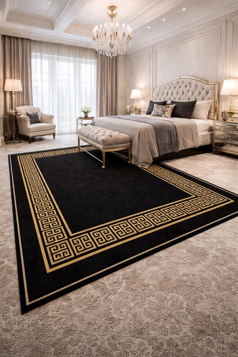 Greek Key Gold Rug Black Gold Rug, Hand Tufted New Zealand Wool Area Rug, Greek Key ...