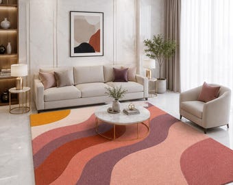 Retro Wavy Hand Tufted Wool Rug Abstract Mid Century Modern Carpet 8x10 ft Large Area Rug Living Room Boho Aesthetic Decor
