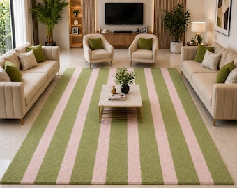 Modern Green Pink Striped Rug, Handmade Area Rug, Scandinavian Living Room Carpet, Minimalist Bedroom Decor Rug
