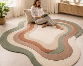 Abstract Irregular Area Rug, Modern Wavy Carpet, Neutral Boho Rug, Living Room Bedroom Decor, Soft Minimalist Floor Mat