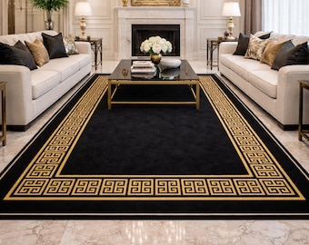Black Gold Greek Key Hand Tufted Wool Rug Luxury Large Area Carpet for Living Room Dining Table Decor Custom Handmade CCustom size available