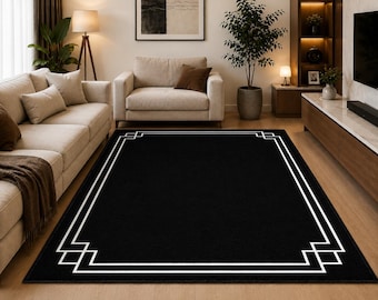 Modern Geometric Hand Tufted Wool Rug Luxury Minimalist Black Carpet Art Deco Border Area Rugs for Living Room Bedroom Aesthetic 9x12 Ft