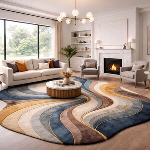 May include: A living room featuring a large, colorful area rug with a wave-like design in shades of blue, brown, and gold. The room includes a white sofa, two armchairs, a coffee table, and a fireplace, creating a cozy and inviting atmosphere.