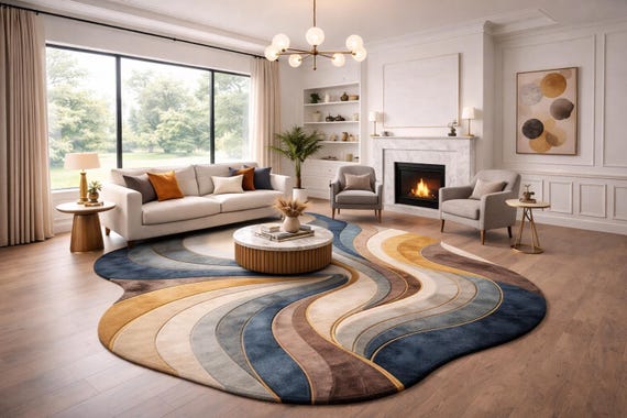 Luxury Hand Tufted Abstract Area Rug for Modern Living Room, Premium Handmade Wool Rug, Contemporary Wavy Design Carpet for Home Decor, Desi