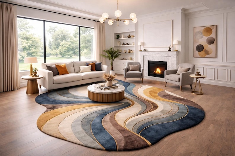 May include: A living room featuring a large, colorful area rug with a wave-like design in shades of blue, brown, and gold. The room includes a white sofa, two armchairs, a coffee table, and a fireplace, creating a cozy and inviting atmosphere.