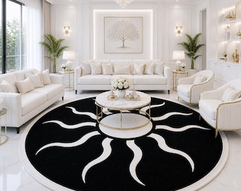Alfombra redonda blanca y negra, alfombra moderna con diseño de rayos de sol, alfombra de lujo para sala de estar, alfombra minimalista, decoración de estilo tejido a mano.