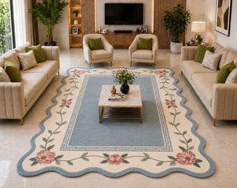Hand Tufted Wool Rug Scalloped Blue Living Room Carpet Pastel Floral Rug 8x10 Large Area Rug Unique Aesthetic Custom size available