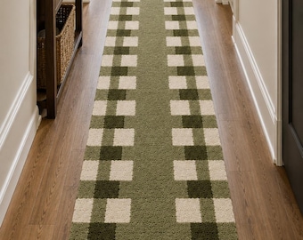 Olive Green Handmade Tufted Runner Rug, Modern Checkered Wool Hallway Rug, Luxury Entryway Carpet Decor custom size available