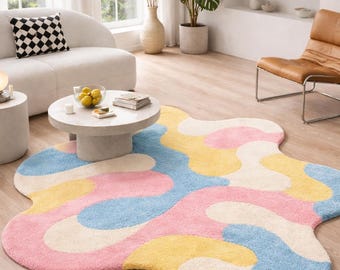 Pastel Abstract Irregular Rug, Tufted  Area Rug, Modern Wavy Carpet, Kids Room Decor, Soft Plush Living Room Rug custom size available