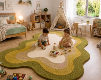 Hand Tufted Rug Green Retro Wavy Wool Carpet Aesthetic Shape Modern Abstract Plush Rug for Kids Room Nursery