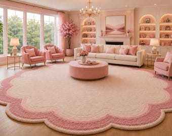 Pink Scalloped Round Rug, Hand-Tufted Wool Carpet, Cute Coquette Aesthetic Bedroom Rug, Pastel Pastel Nursery Decor, Large Area Rug 8x10 ft