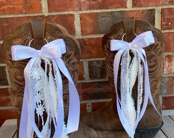 White Boot Bows, Customizable Ribbon Accessories, Pair, bridal boot bows, bride, western wedding