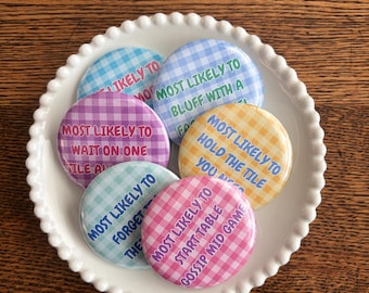 Mahjong Pins, Most Likely To Buttons, Gifts, trading pins, game night gifts, girls night gift ideas