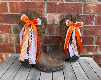 Orange & White Boot Bows Game Day Accessories (Pair), University of Texas, Auburn, Tennessee, Clemson