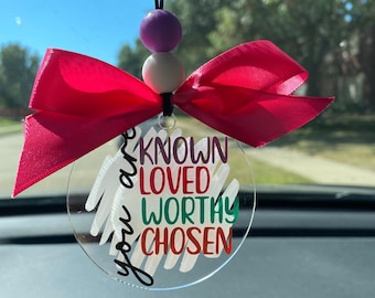 Christian Car Charm, Satin Bow, Beaded Rearview Mirror Decor