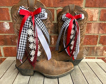 Red, Black & White Boot Bows Game Day Accessories (Pair), Texas Tech, Alabama, Arkansas