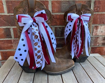 Maroon and White Boot Bows, Game Day Ribbon, Customizable Cowboy Boot Accessory, A&M, A and M, Aggie
