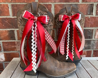 Handmade Red White Boot Bows, Western Game Day Accessory