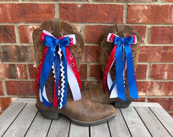 Red, Blue and White Boot Bows: Game Day, Bandana, Cowboy Boot Accessory, Grapevine Mustangs, Senior photo accessories, Western Americana