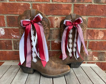 Maroon and White Boot Bows, Game Day Ribbon, Customizable Cowboy Boot Accessory, A&M, A and M, Aggie