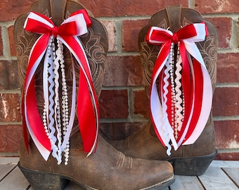 Handmade Red White Boot Bows, Western, Game Day Accessory, OU, Oklahoma, Alabama, Concert, rhinestones, pearls, glam, special