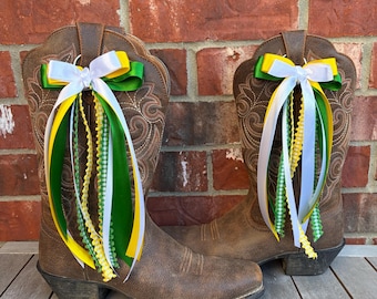Handmade Green and Yellow Boot Bows, College Spirit Wear Ribbons, Baylor, BU, Baylor Bears, Bed Party