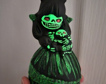 Glow in the Dark Victorian Skeleton Girl with Cat - Repainted Ceramic Figurine
