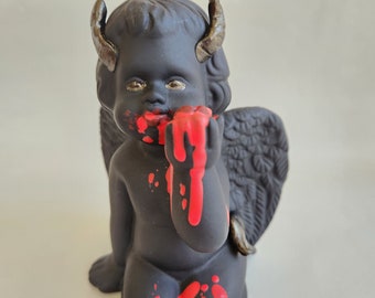 Eat Your Heart Out Demon, Devil, Cherub - Ceramic, Figurine - Halloween, Valentine - Gothic, Goth - Fallen Angel, Kitschy, Love sucks